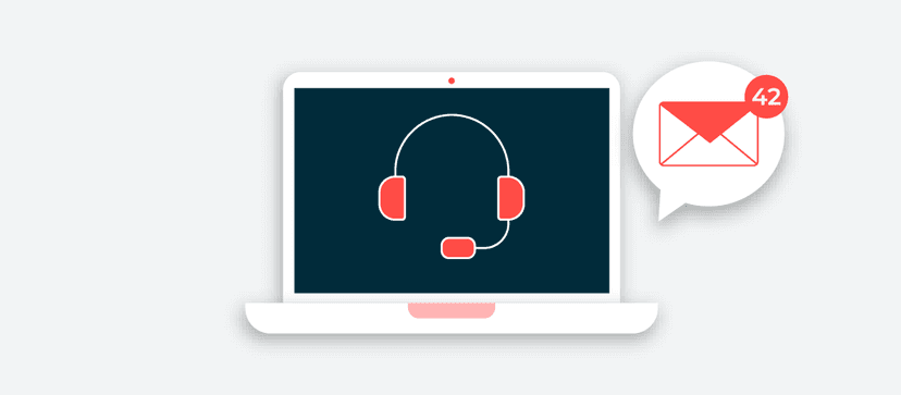 Laptop displaying headset icon with microphone on dark screen, with email notification bubble showing 42 unread messages