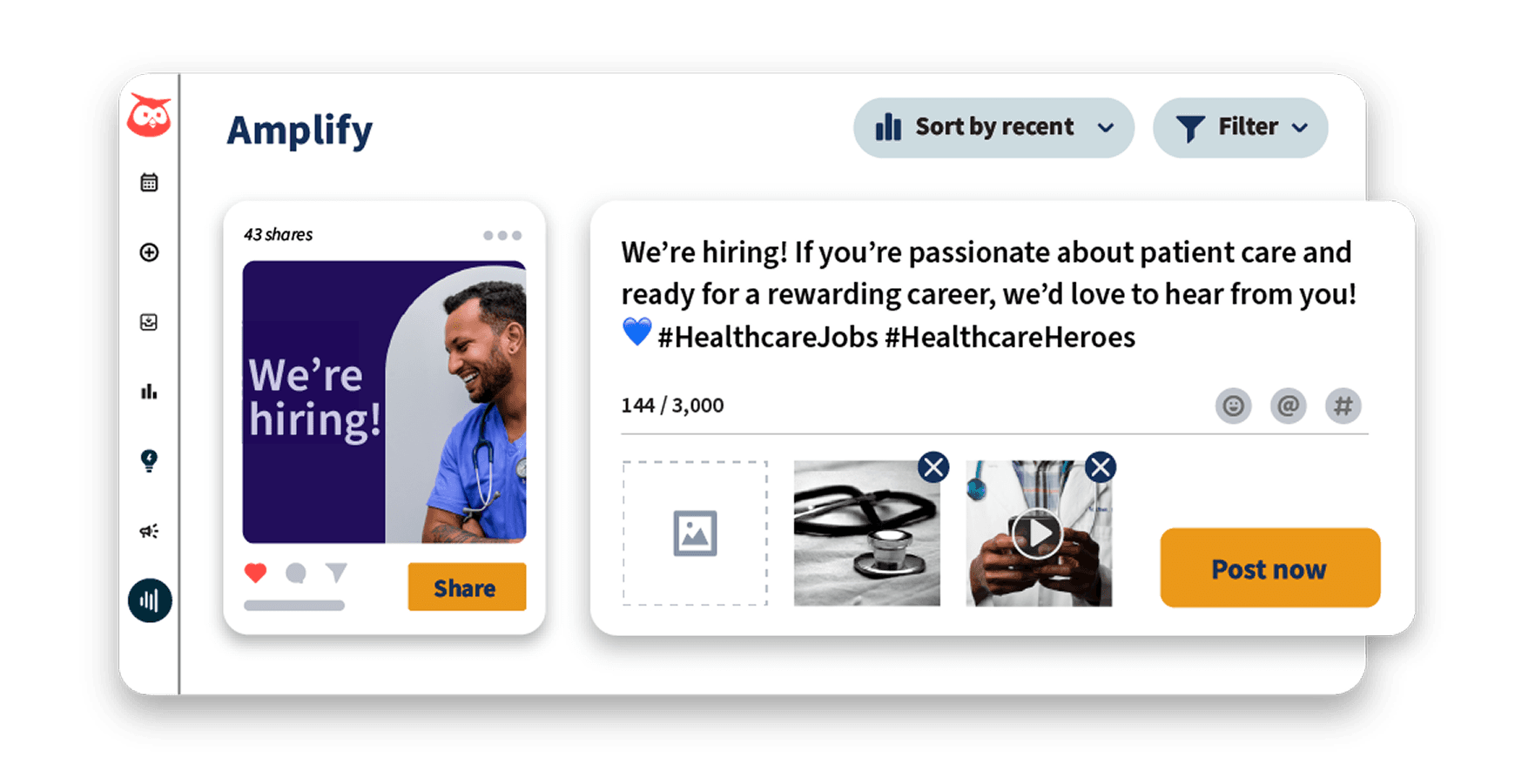 Social media interface showing healthcare job posting with "We're Hiring" text, sorting options, and engagement metrics
