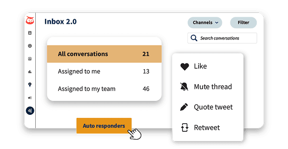Interface showing conversation filters and social media actions like Like, Mute, Quote and Retweet, with Auto responders button